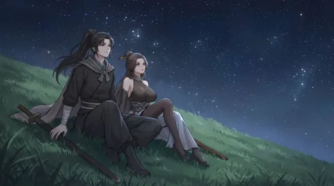 星空下并肩而坐的两位角色