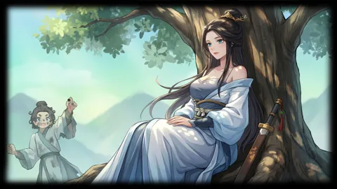 树下的蓝衣女子与远处人物